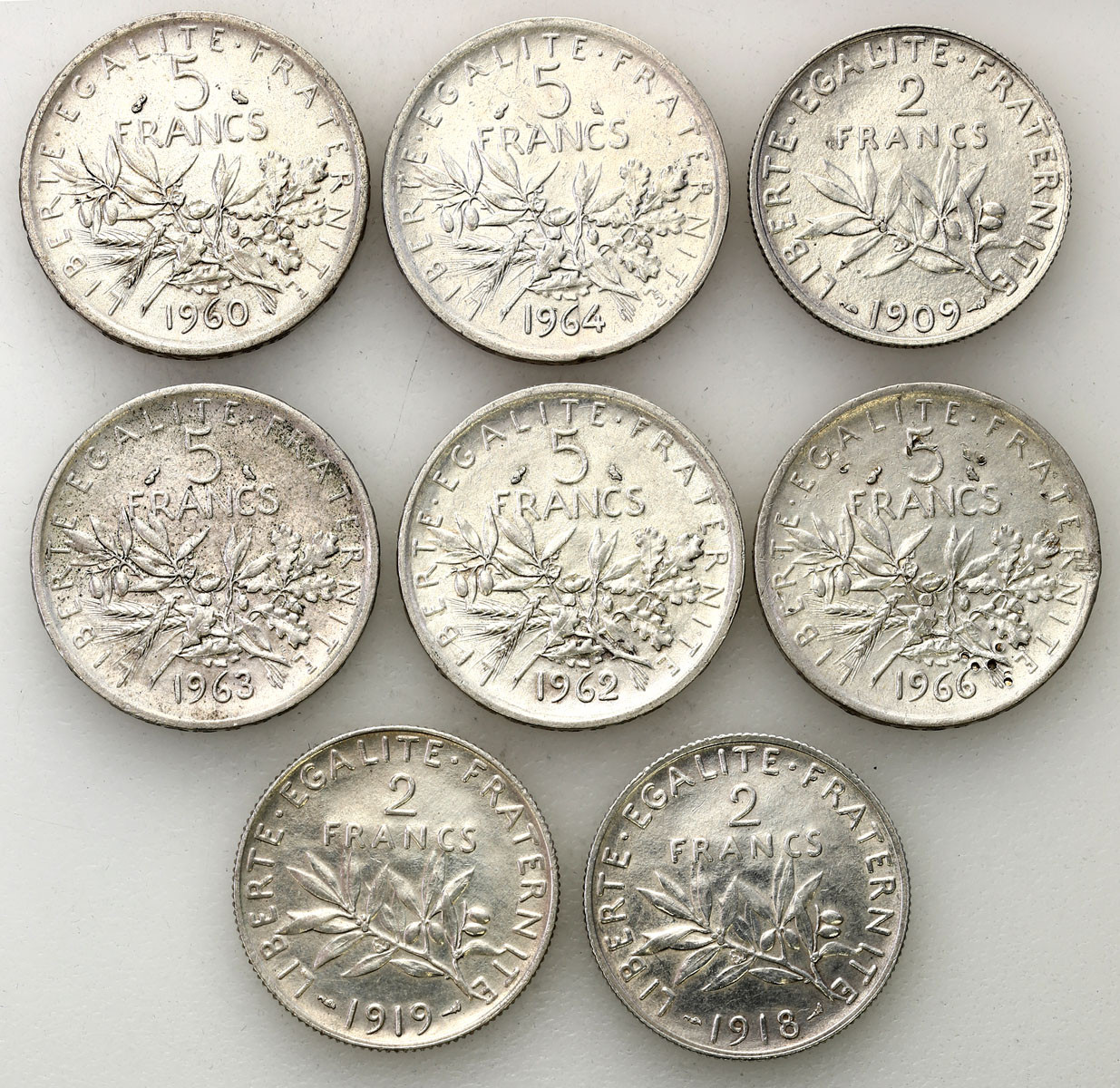 Francja. 2, 5 franków 1909-1966, zestaw 8 monet